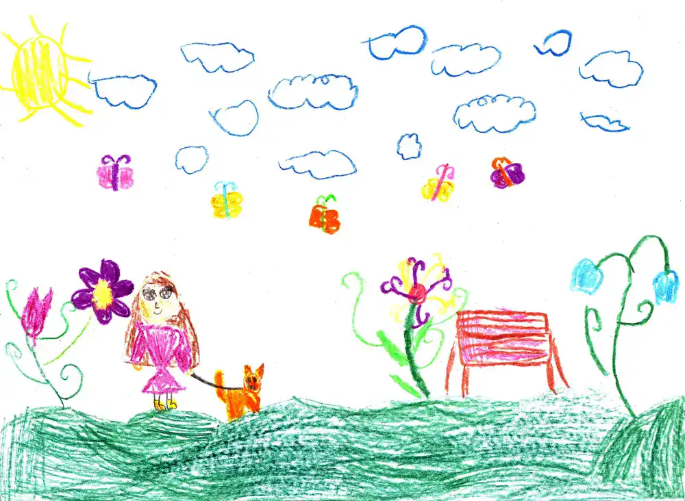 Child's drawing of a sunny park: girl in a pink dress holding a leash to an orange cat, colorful flowers, a red bench, green hills, and blue clouds with a bright yellow sun.