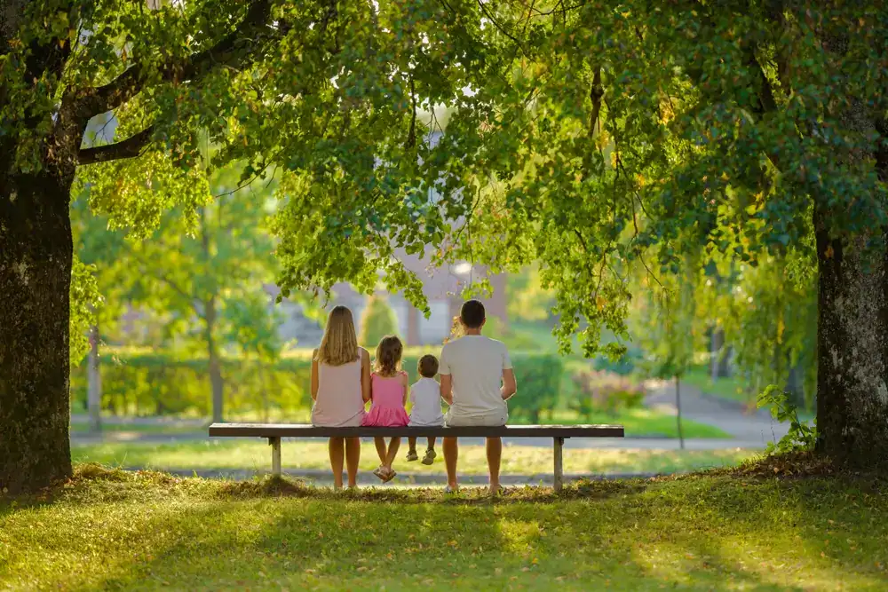 Family of four sitting on a park bench, viewed from behind, under green leafy trees.